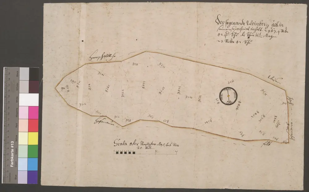 HZAN GA 100_Nr. 262_ : Leofels (Kr. Crailsheim); "Der sogenannte Weinberg";ohne Verfasser;30 Ruten = 11 cm; Vermessungskarte;45,5 x 33 cm; Norden unten;Leinwand auf Pappe; Federzeichnung; Feld in Dreiecke aufgeteilt.