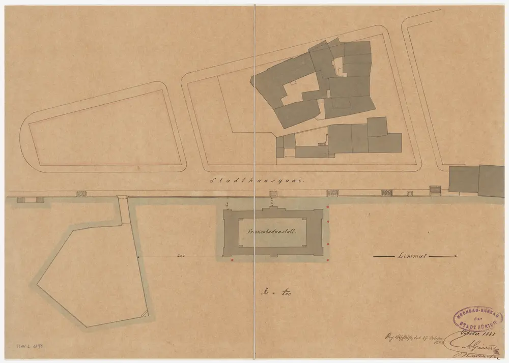 Zürich: Unterhalb des Bauschänzli, neue Frauenbadeanstalt; Situationsplan (Zürichsee-Abfluss Nr. 129)