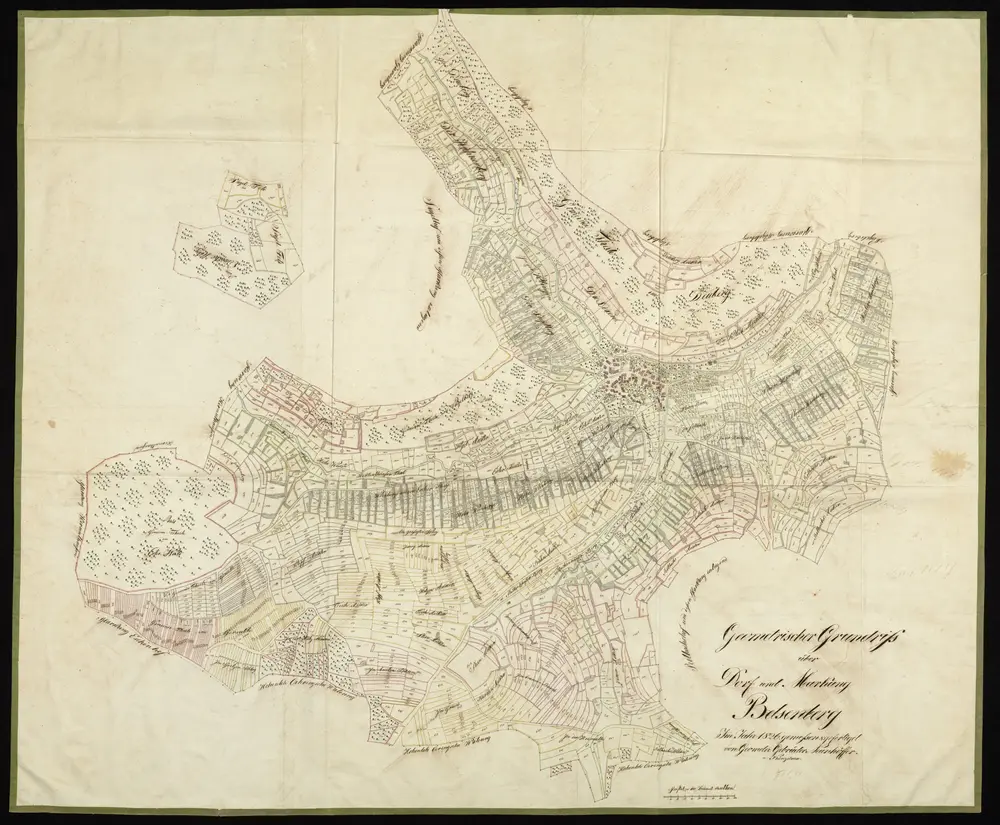 HZAN GA 100_Nr. 30_ : Belsenberg; "Geometrischer Grundriß über Dorf und Markung Belsenberg";Gebrüder Neunhöffer, Geometer in Künzelsau; 100 Dezimalruten = 11,5 cm [30 cm = 1 km];156 x 129,5 cm;Papier; Federzeichnung; Fluren, Wald, Weinberge und Siedlung in Wasserfarben;Steinriegel besonders hervorgehoben; Grundstücke nummeriert; Flurnamen.