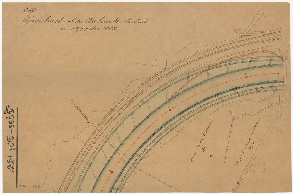 Wila: Töss oberhalb der hölzernen Brücke bei Au, Uferanbruch vom 27./28.12.1882; Situationsplan (Töss-No. 122)