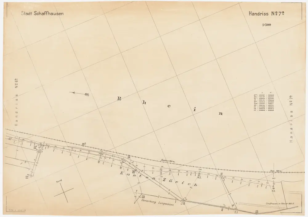 Feuerthalen bis Flurlingen: Durch den Vertrag vom 11.01.1901 zwischen den Kantonen Zürich und Schaffhausen festgelegter Grenzverlauf am linken Rheinufer bei Schaffhausen; Situationsplan-Handrisse: Rhein bei Langwiesen; Situationsplan-Handriss (Nr. 7 a)