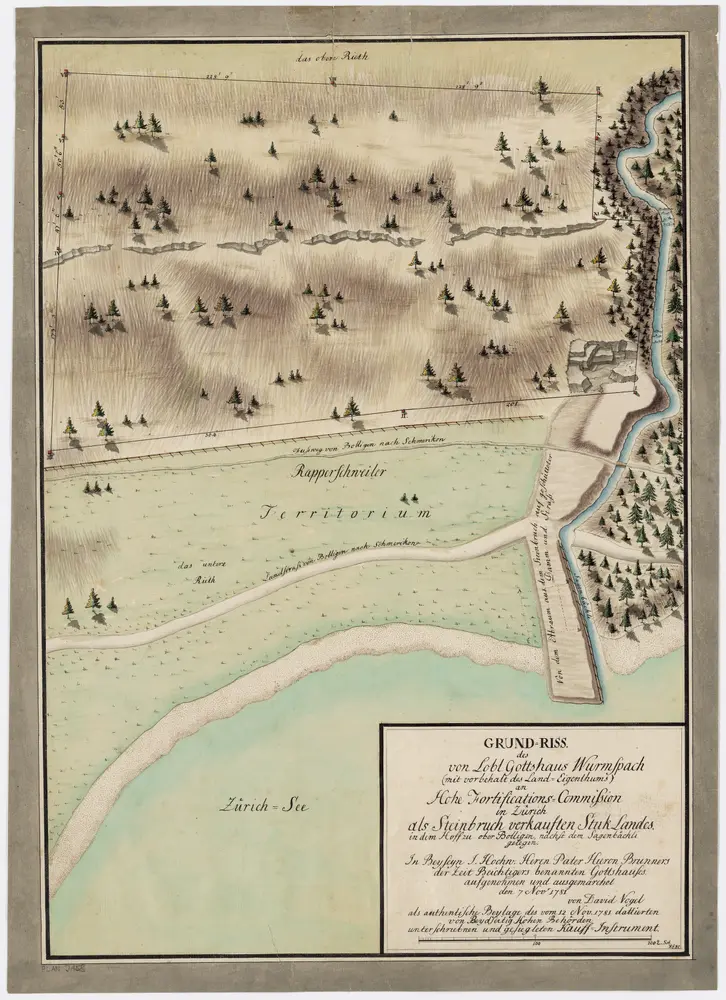 Rapperswil-Jona SG: Vom Kloster Wurmsbach an die an die Fortifikationskommission in Zürich als Steinbruch verkauftes Landstück bei Oberbollingen; Grundriss