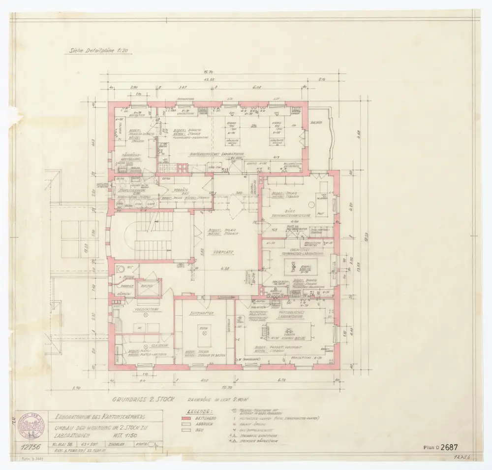 Laboratorium des Kantonschemikers, Fehrenstrasse 15: Umbau der Wohnung im 2. Stock zu Laboratorien; Grundriss