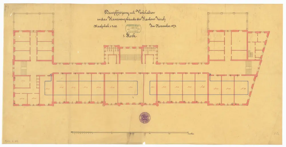 Projektierte Kaserne: 1. Stock, Dampfheizung mit Ventilation; Grundriss