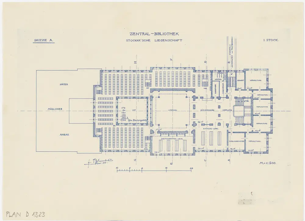 Projektierte Zentralbibliothek auf dem Stockargut: 1. Stock; Grundriss
