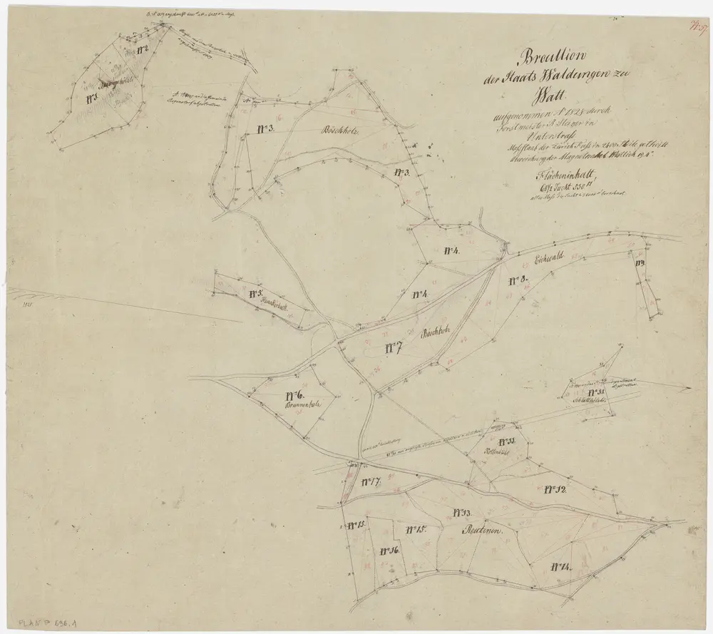 Regensdorf, Zürich: Staatswaldung Watt: Regensdorf: Burghölzli, Pöschholz (Böschholz), Brunnenhölzli (Brunnenholz), Eichwald, Rütenen (Reutenen), Krottenbühl, Schlatt (Schlatthölzli); Grundriss