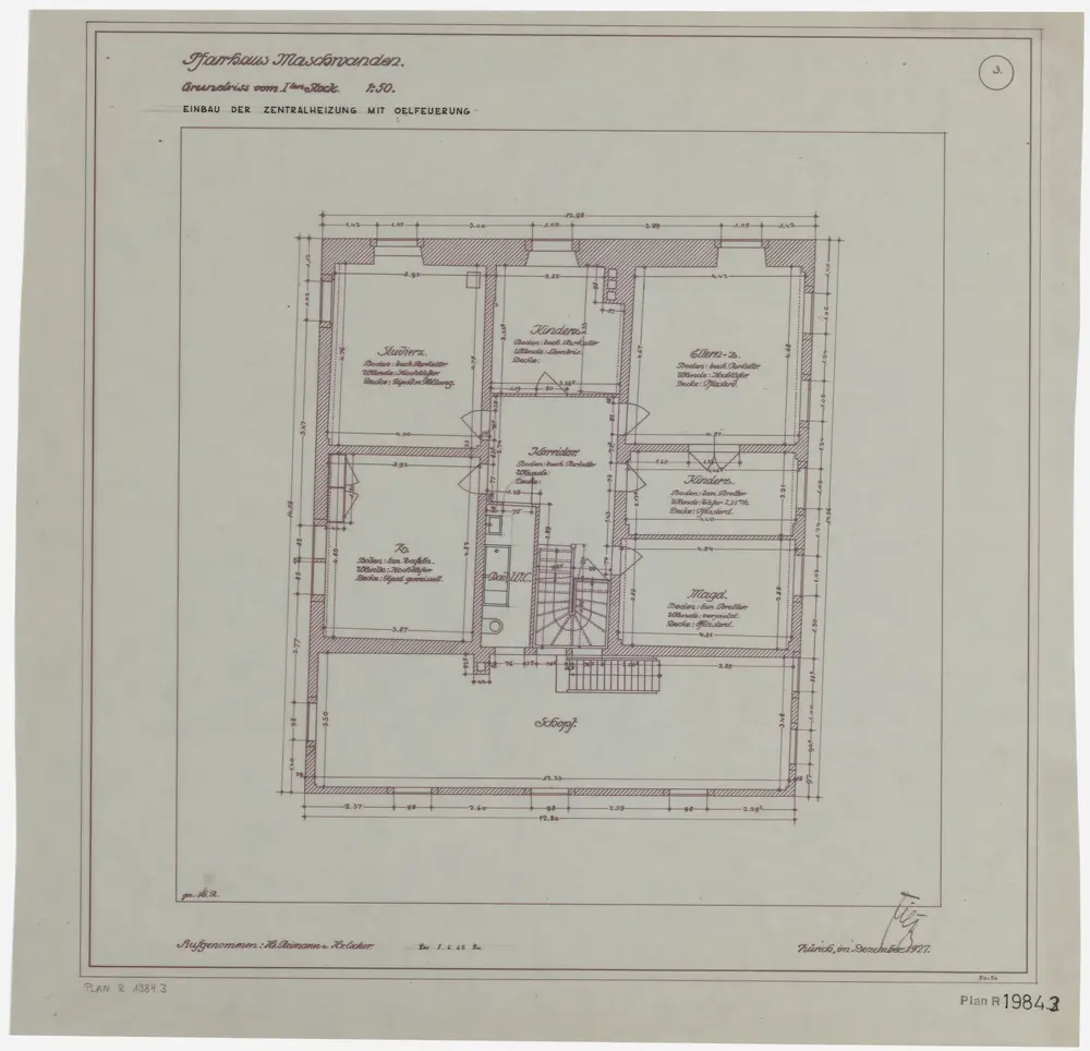 Maschwanden: Pfarrhaus, Einbau einer Zentralheizung mit Ölfeuerung: 1. Stock; Grundriss (Nr. 3)