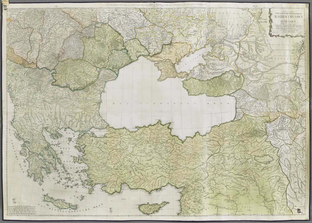 Partes confines TRIUM MAGNORUM IMPERIORUM AUSTRIACI RUSSICI et OSMANICI Foliis VI comprehensae ex novissimis obersvationibusm dimensionibus optimisque tabulis geographicis descriptae