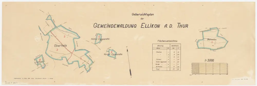 Ellikon an der Thur: Gemeindewaldung: Oberholz, Vorder Eggenzaa, Hinter Eggenzaa, Juchart, Bichenloo; Übersichtsplan