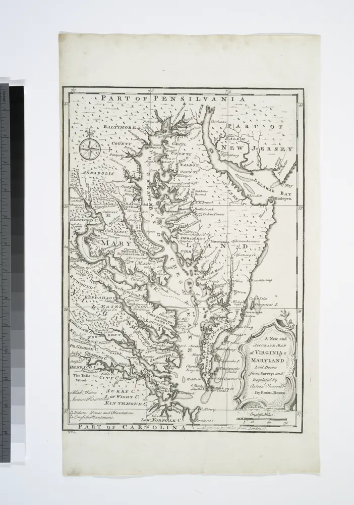 A new and accurate map of Virginia &amp; Maryland / laid down from surveys and regulated astronl. observatns. by Eman. Bowen.