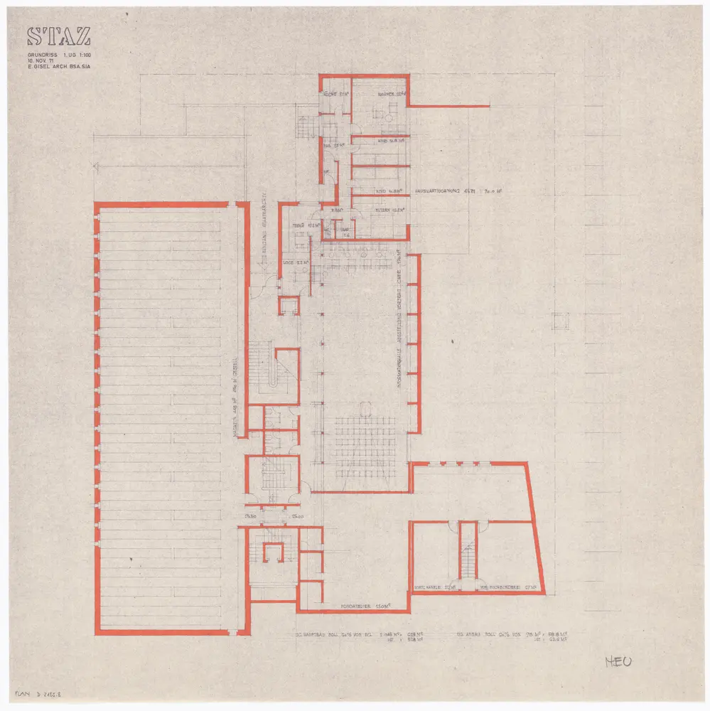 Staatsarchiv des Kantons Zürich, projektierter Neubau zwischen Zeltweg, Wettingerwies und Promenadengasse: Grundrisse und Schnitte: 1. Untergeschoss; Grundriss