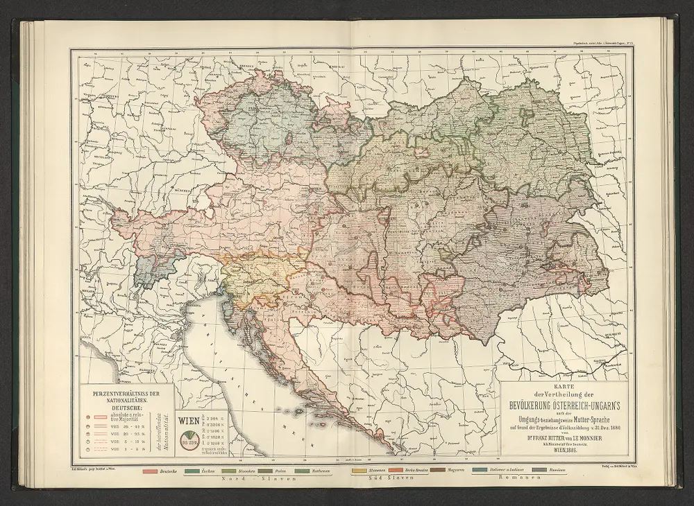 Karte der Vertheilung der Bevölkerung Öesterreich-Ungarn's nach der Umgangs-beziehungsweise Mutter-Sprache auf Grund der Ergebnisse d. Volkszählung v. 31. Dez. 1880.