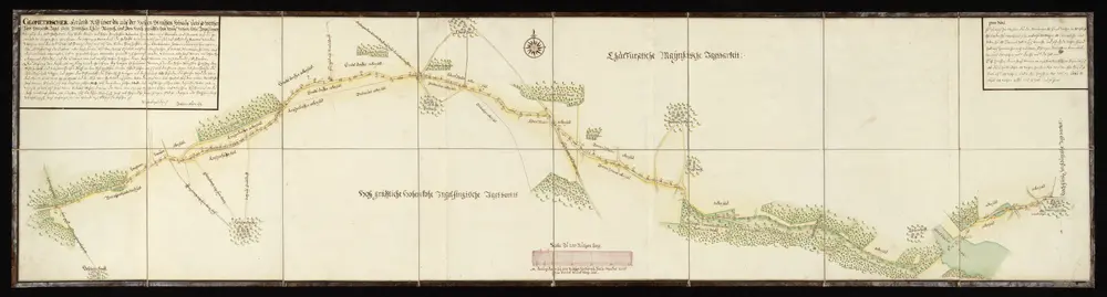 HZAN GA 100_Nr. 139_ : Hohe Straße; [zwischen Kocher und Jagst]; "Geometrischer Grundriß über die in der Hohenstraßen hinaus ... stehende Jagdsteine, zwischen Churmainz und dem gräflichen Haus Hohenlohe-Ingelfingen;J. Adam Ley;250 Ruten = 17 cm [12 cm = 1 km];184 x 47 cm; Norden oben;Aufgenommene Ortschaften: Schleierhof, Crispenhofen, Diebach, Eberstal, Dörrenzimmern, Bühlhof, Eschenhof, Weldingsfelden;Papier auf Leinwand; Federzeichnung; Wälder, Siedlungen, Grenzsteine in Wasserfarben; Grenzsteine nummeriert.