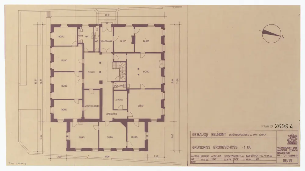 Haus Belmont, Rämistrasse 67: Grundrisse und Schnitt: Erdgeschoss; Grundriss