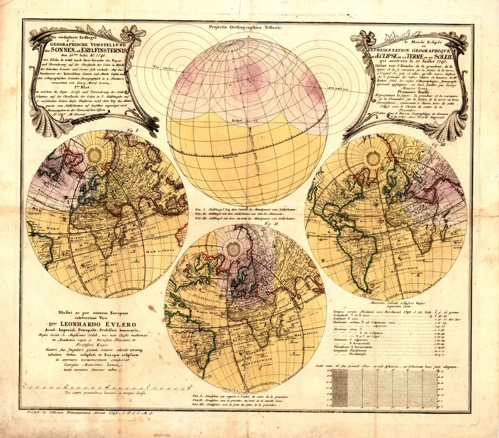 Die verfinsterte Erdkugel d. i. Geographische Vorstellvng der Sonnen od. Erd. Finsternis den 25ten Iulii Ao. 1748 ...