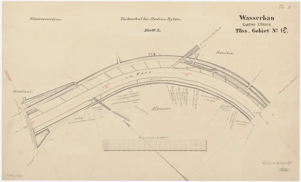 Wildberg, Turbenthal: Von unterhalb der Station Turbenthal bis zur Brücke bei Friedthal, Tösskorrektion; Situationsplan (Töss-Gebiet Nr. 19, Blatt 2)