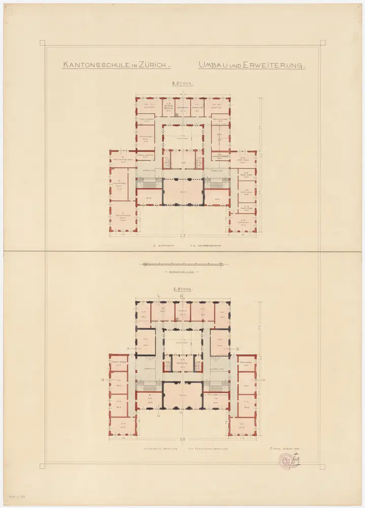 Zürich: Umbau und Erweiterung der Kantonsschule; 2. und 3. Obergeschoss; Grundrisse