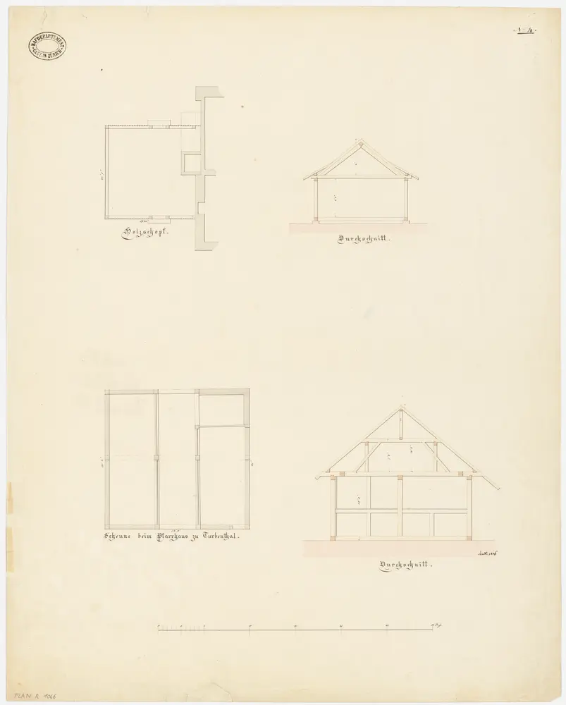 Turbenthal: Pfarrscheune sowie Holzschuppen; Grundrisse und Querschnitte (Nr. 4)