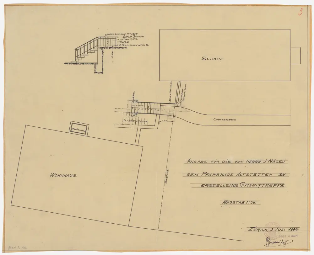 Altstetten: Pfarrhaus, neu zu erstellende Granittreppe; Grundriss und Ansicht (Nr. 3)