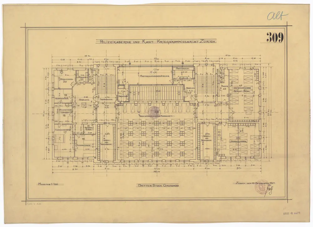 Polizeikaserne und kantonales Kriegskommissariat: 3. Stock; Grundriss