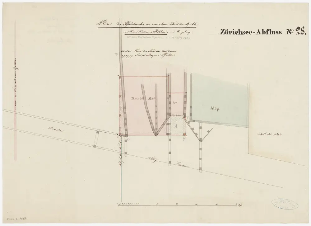 Zürich: Oberer Mühlesteg, Pfahlwerk des oberen Teils der Mühle Rohrdorf (früher Mühle Koller); Situationsplan und Grundriss (Zürichsee-Abfluss Nr. 28)