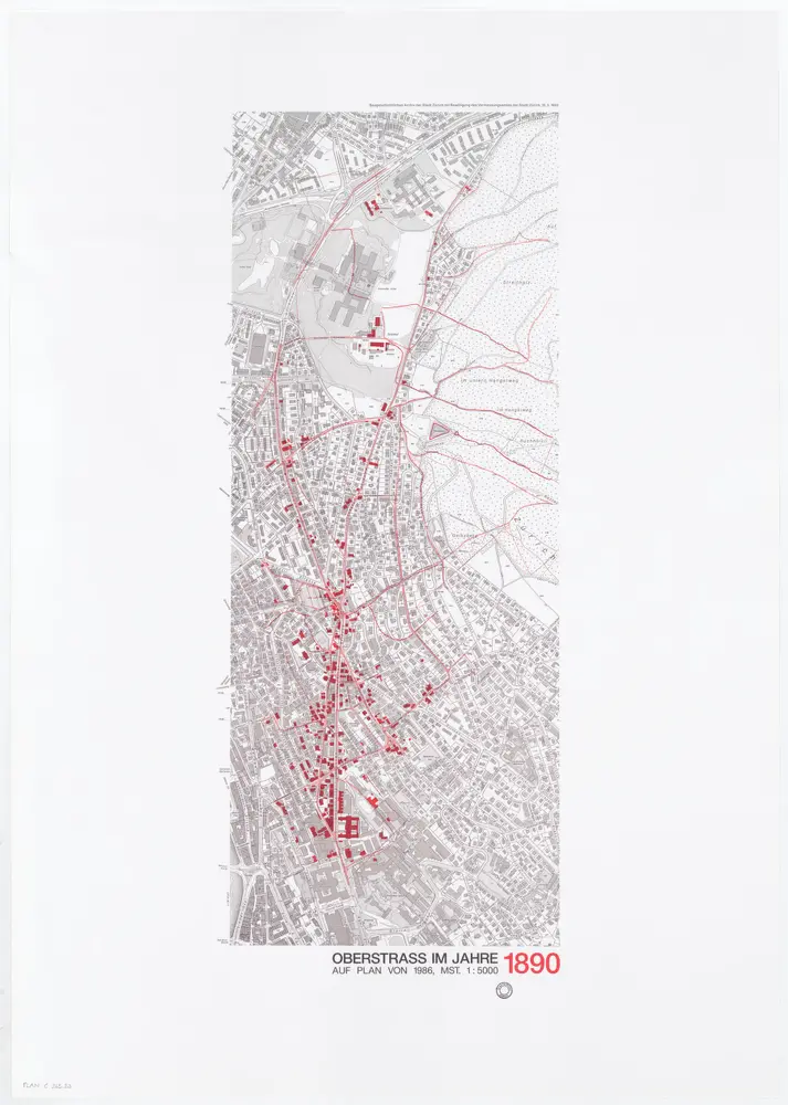 Historische Bauzustände der Zürcher Aussenquartiere in 48 Blättern: Oberstrass im Jahre 1890 auf einem Plan von 1986; Übersichtsplan