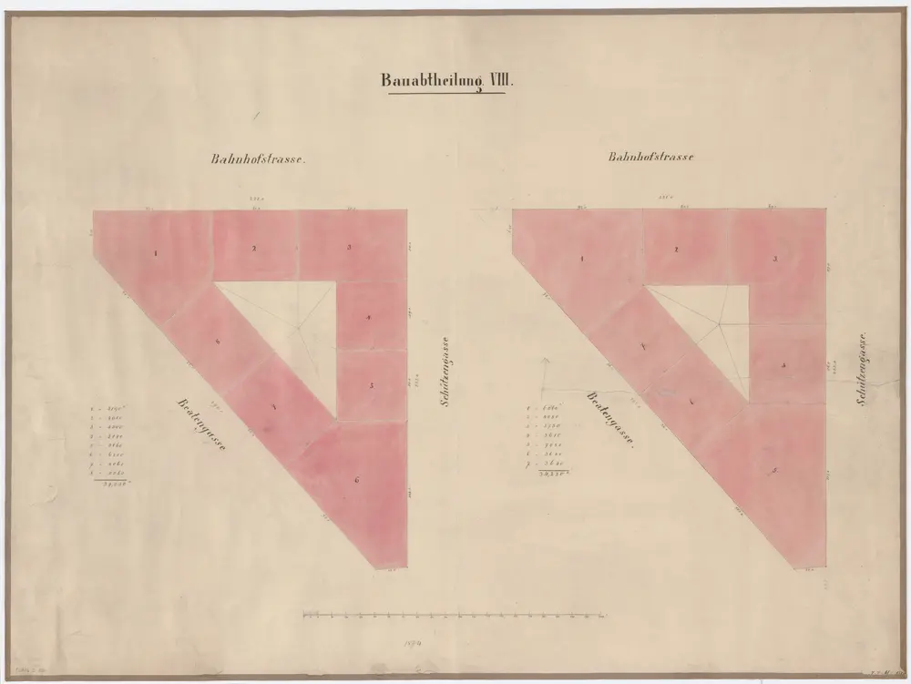 Bahnhofquartier, Bauabteilung 8, Gebäude an der Bahnhofstrasse, Beatengasse und Schützengasse: Einteilung der Bauplätze; Grundrisse