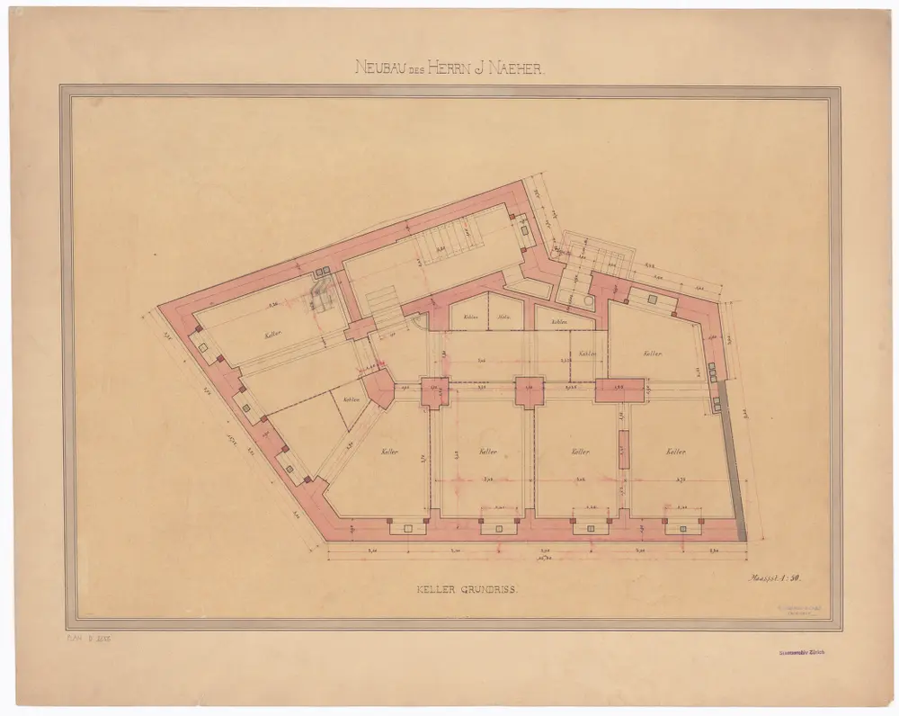 Neubau des J. Naeher, Obmannamtsgasse 21: Keller; Grundriss