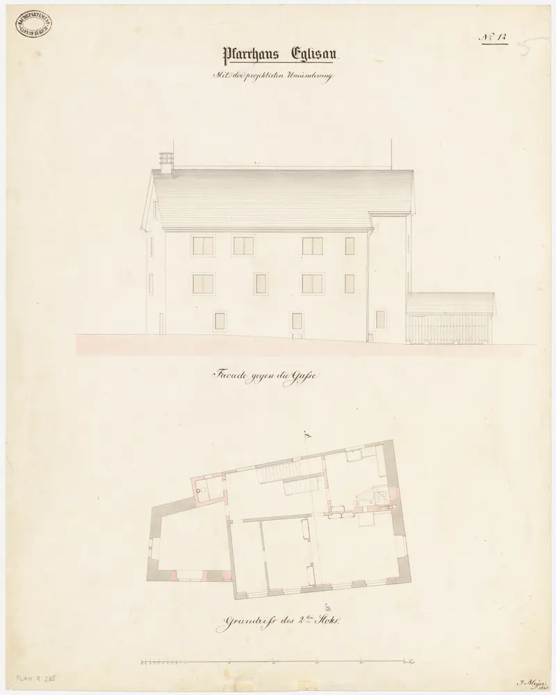 Eglisau: Pfarrhaus, projektierter Umbau; Nordansicht und Grundriss des 2. Stocks (Nr. 12)