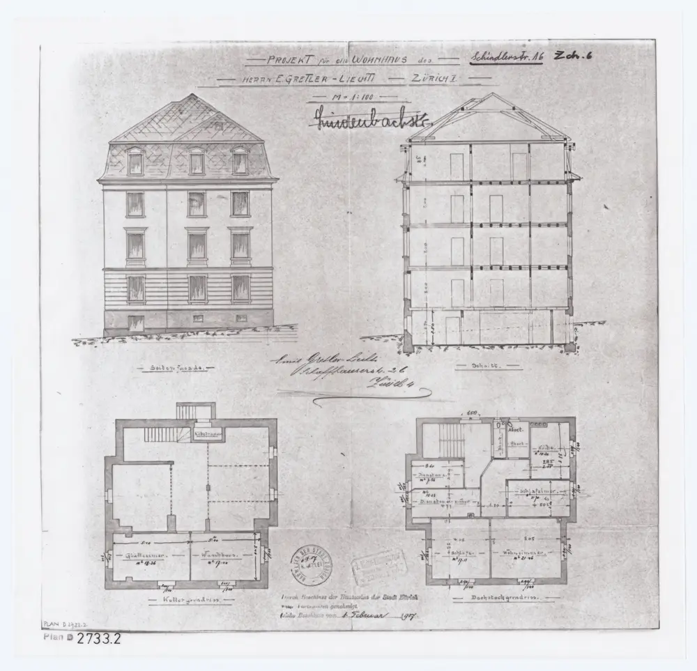 Projektiertes Wohnhaus von Herrn E. Gretler-Liechti, Schindlerstrasse 16: Seitenansicht, Grundrisse und Schnitt