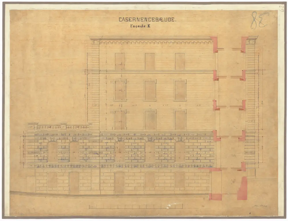 Projektierte Kaserne: Seitenfassade K; Ansicht