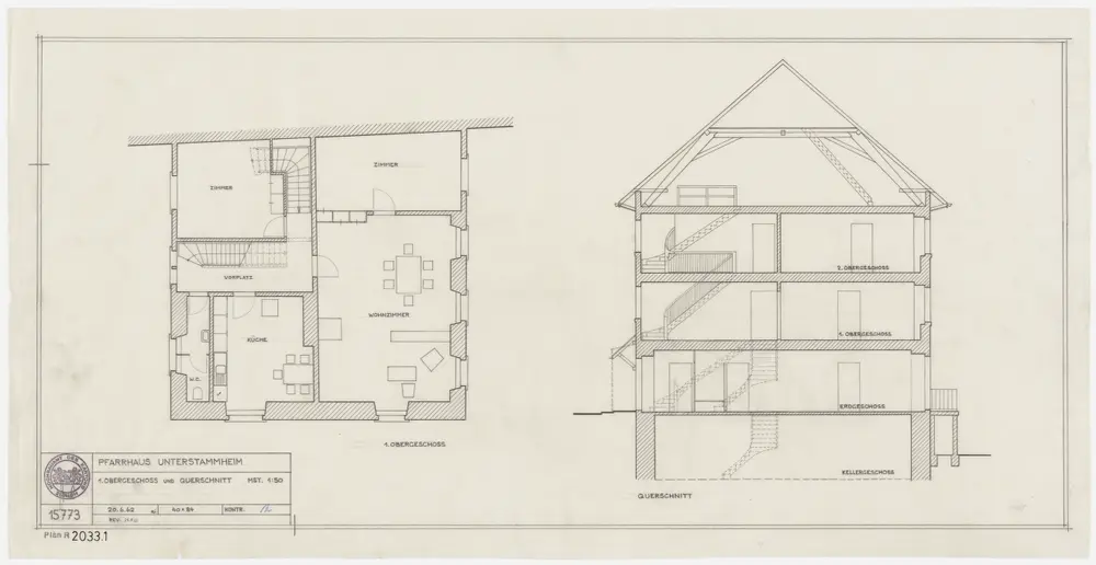 Unterstammheim: Pfarrhaus Stammheim: Grundriss des 1. Stocks und Querschnitt