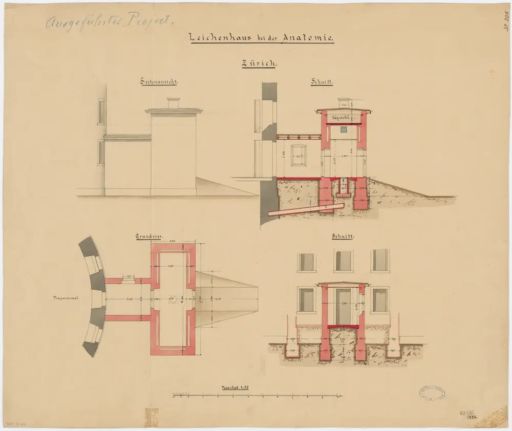 Fluntern: Kantonsspital, Anatomie, Leichenhaus; Seitenansicht, Grundriss und Schnitte