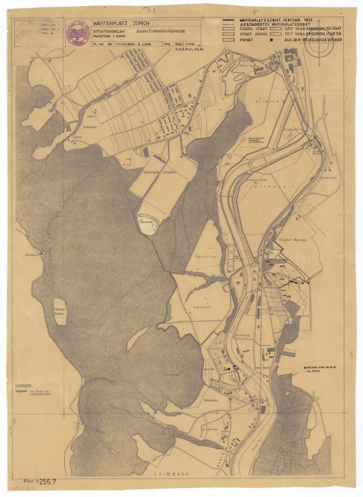 Eigentumsverhältnisse auf dem Areal des Waffenplatzes Zürich: Situationsplan des Waffenplatzes Zürich mit Veränderungen der Eigentumsverhältnisse