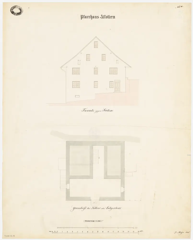 Affoltern am Albis: Pfarrhaus; Südansicht und Grundriss des Kellers oder Erdgeschosses (Nr. 6)