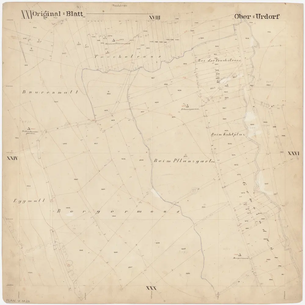 Oberurdorf: Gemeinde; Katasterpläne: Blatt XXV: Tüchelroos (Teuchelroos), Baurenmatt, Beim Kohlplatz, Beim Pflanzgarten, Eggmatt, Bergermoos und Gmeindrüti (Gemeindgrütli); Situationsplan