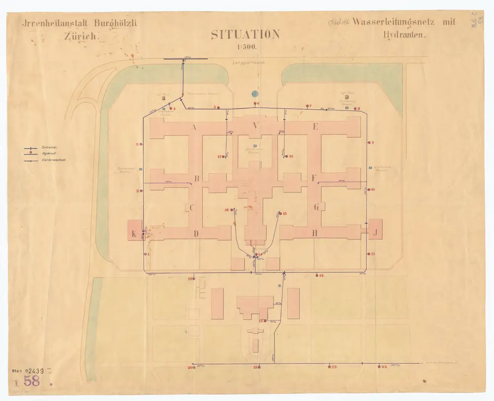 Irrenheilanstalt Burghölzli: Städtisches Wasserleitungsnetz mit Hydranten; Situationsplan