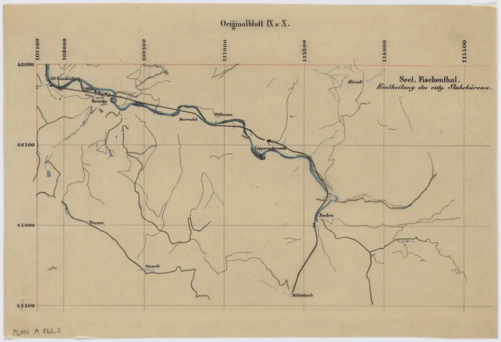 Vorlagen für die Topographische Karte des Kantons Zürich (Wild-Karte): Pausen mit Gewässern, Eisenbahn, Strassen: Originalblatt IX und X: Sektion Fischenthal