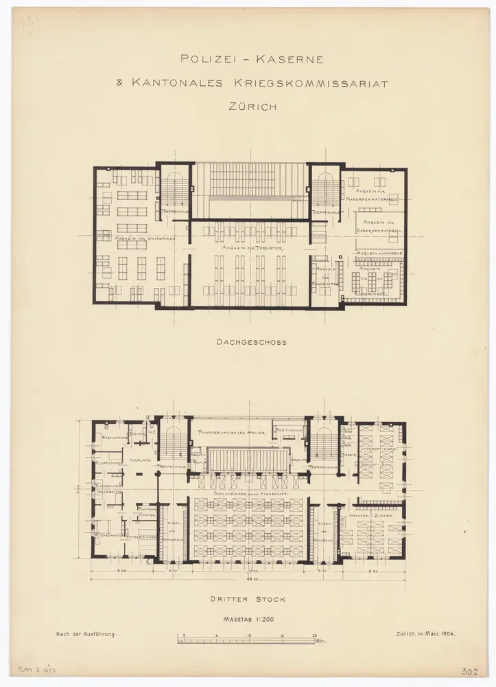 Polizeikaserne und kantonales Kriegskommissariat: 3. Stock und Dachgeschoss; Grundrisse