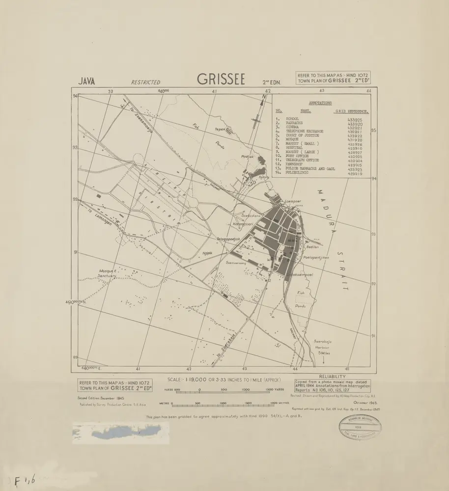 Grissee / revised, drawn, and reproduced by 110 Map Production Co[mpan]y R.E. ; published by Survey Production Centre S[outh] E[ast] Asia ; reprinted with new grid by Det. 65 Ind. Rep[roduction] G[rou]p I.E., December 1945