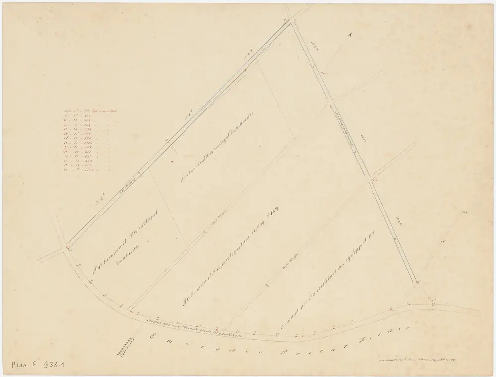 Embrach: Staatwaldung Hard zwischen dem Haumühleweg (Haumüllerweg) und der Landstrasse von Weiach nach Winterthur: Vom Staat in den Jahren 1858-1861 versteigerte Parzellen in der Staatswaldung Hard östlich des Auwegs zwischen dem Haumühleweg (Haumüllerweg) und der Landstrasse von Weiach nach Winterthur; Grundriss