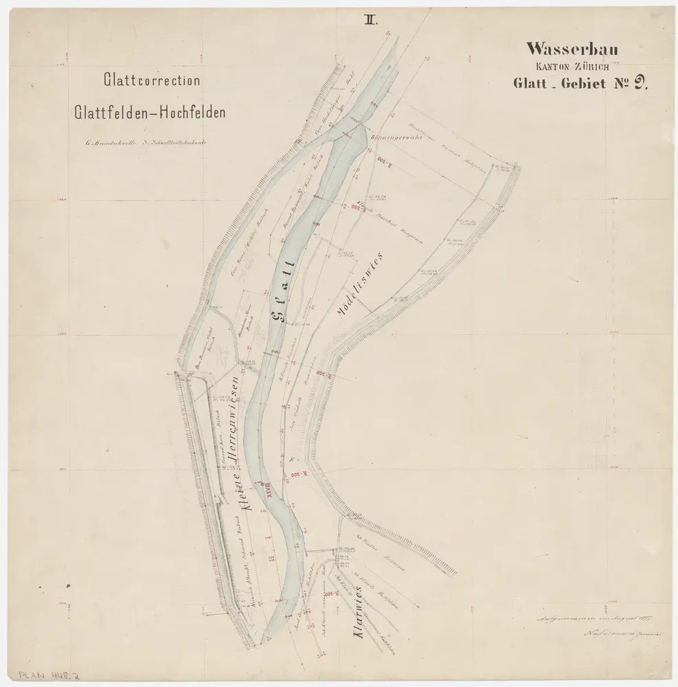 Bülach, Hochfelden, Glattfelden: Hochfelden bis zur Einmündung in den Rhein, Glattkorrektion; Grundrisse (Glatt-Gebiet Nr. 9): Blatt II: Mödeliswies bis zu den kleinen Herrenwiesen in Hochfelden, Glattkorrektion; Grundriss (Glatt-Gebiet Nr. 9)