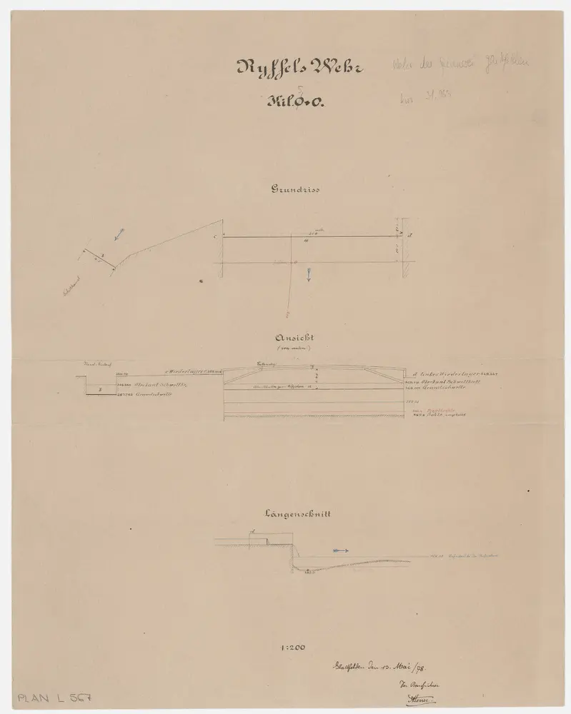 Glattfelden: Projekt zum Wehr der Spinnerei (Ryffels Wehr); Grundriss, Ansicht und Längsschnitt (Glatt-Gebiet Nr. 1)