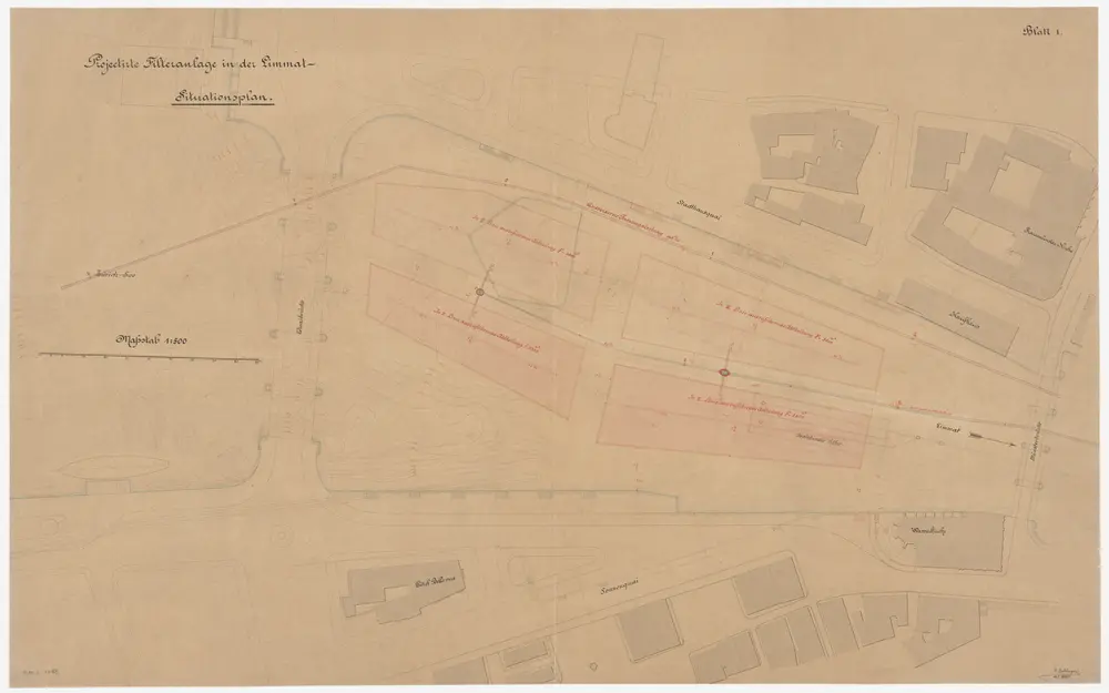 Zürich: Limmat von der Quaibrücke bis zur Münsterbrücke, projektierte Filteranlage; Situationsplan (Zürichsee-Abfluss Nr. 118)