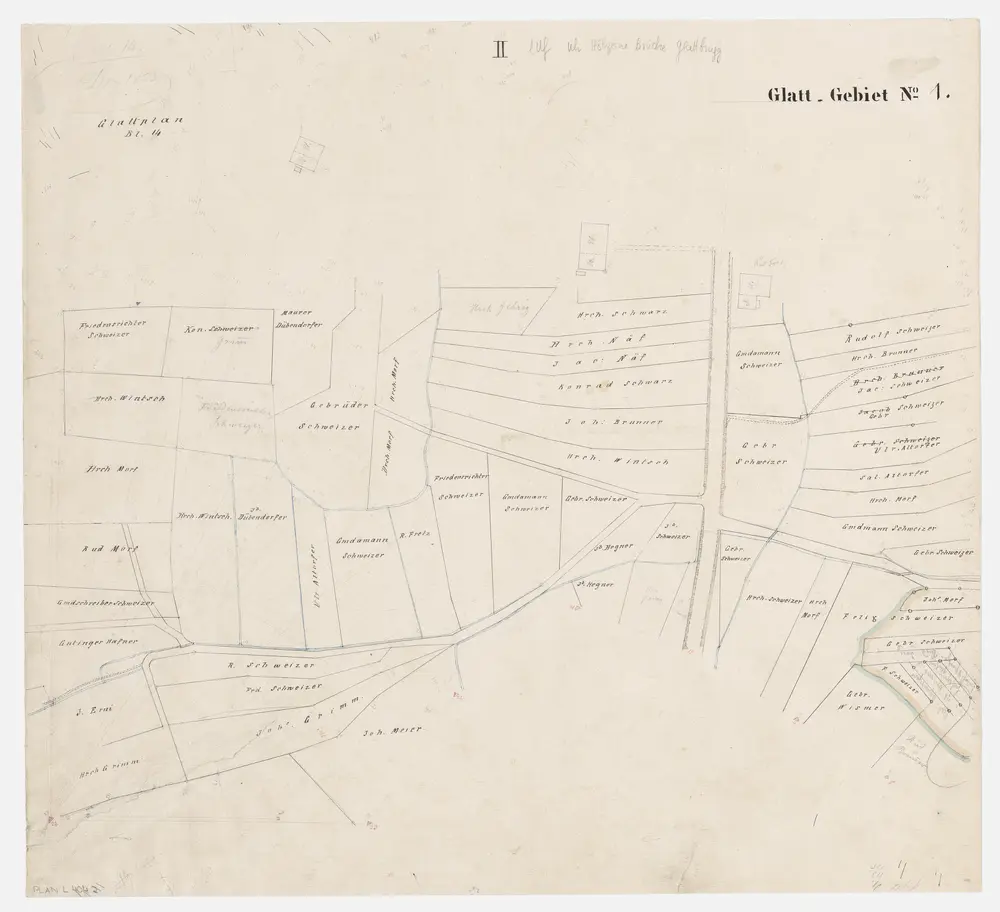 Opfikon bis Oberglatt: Grundeigentümer entlang der Glatt; Grundrisse (Glatt-Gebiet Nr. 1): Blatt II: Opfikon unterhalb der hölzernen Brücke in Glattbrugg; Grundriss (Glatt-Gebiet Nr. 1)