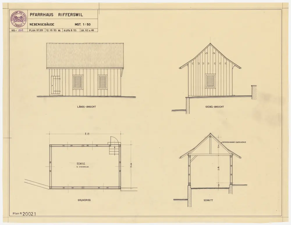 Rifferswil: Nebengebäude und Waschhaus: Nebengebäude; Grundriss, Ansichten und Querschnitt