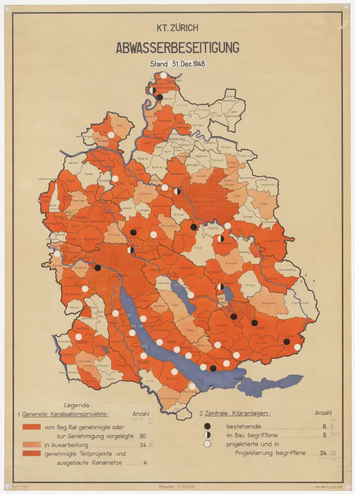 Kanton Zürich: Bestehende und projektierte Kanalisationen und Abwasserreinigungsanlagen, Zustand 31.12.1948; Übersichtskarte