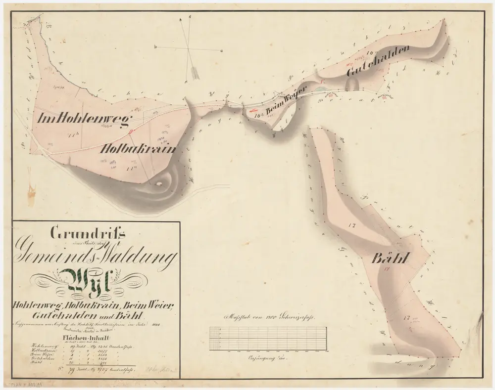 Wil: Gemeinde-, Genossenschafts- und Privatwaldungen: Wil: Gemeindewaldungen Holenweg (Im Hohlenweg), Holbuckrain (Hohlbuckrain), Weier (Beim Weyer), Guetihalden (Gutehalden), Bäl (Bähl); Grundrisse