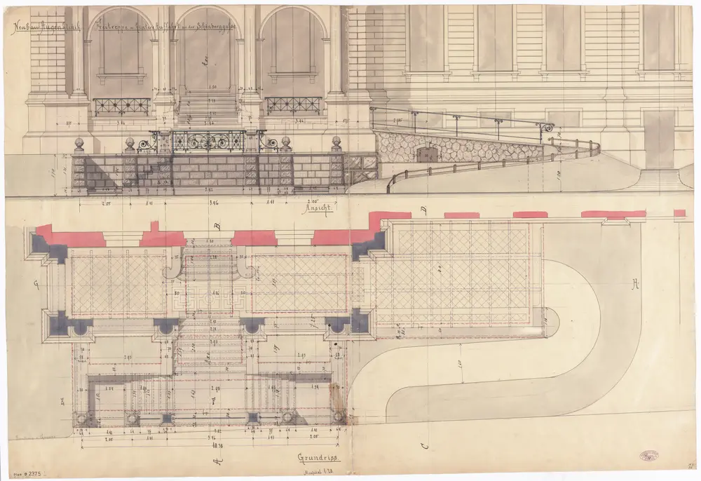 Augenklinik, Rämistrasse 73: Freitreppe und hintere Auffahrt an der Schönberggasse; Ansicht und Grundriss