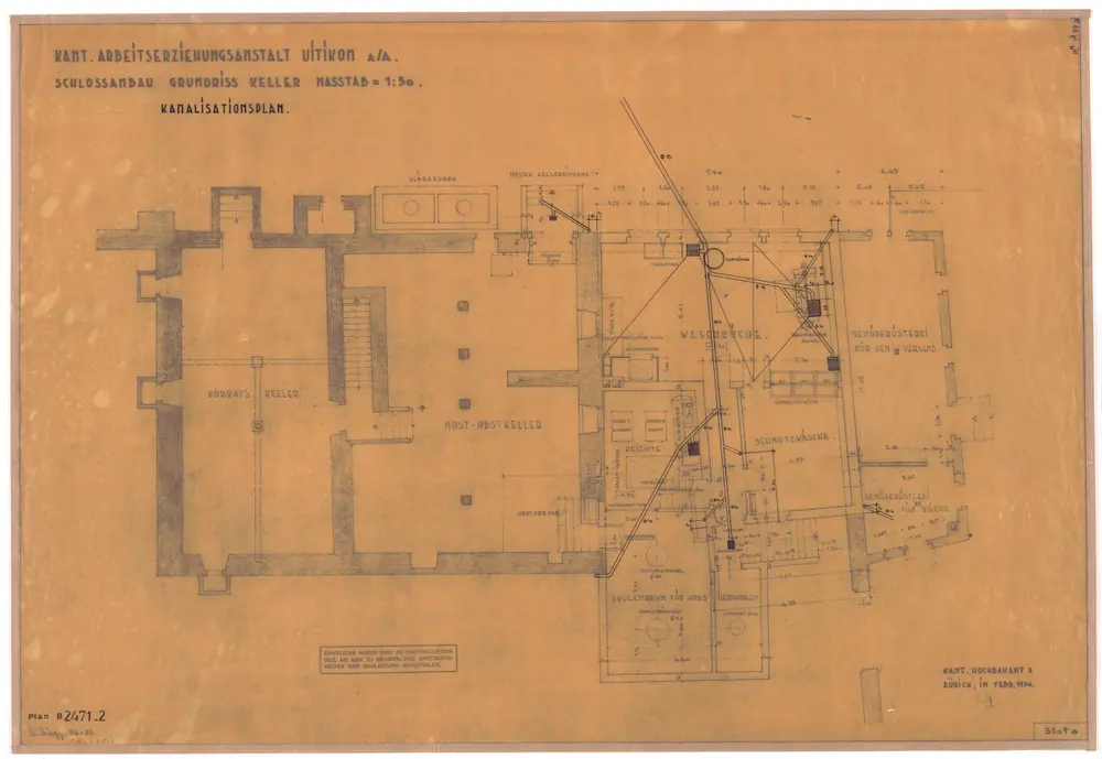 Uitikon: Arbeitserziehungsanstalt, Schlossanbau: Keller; Grundriss und Kanalisationsplan